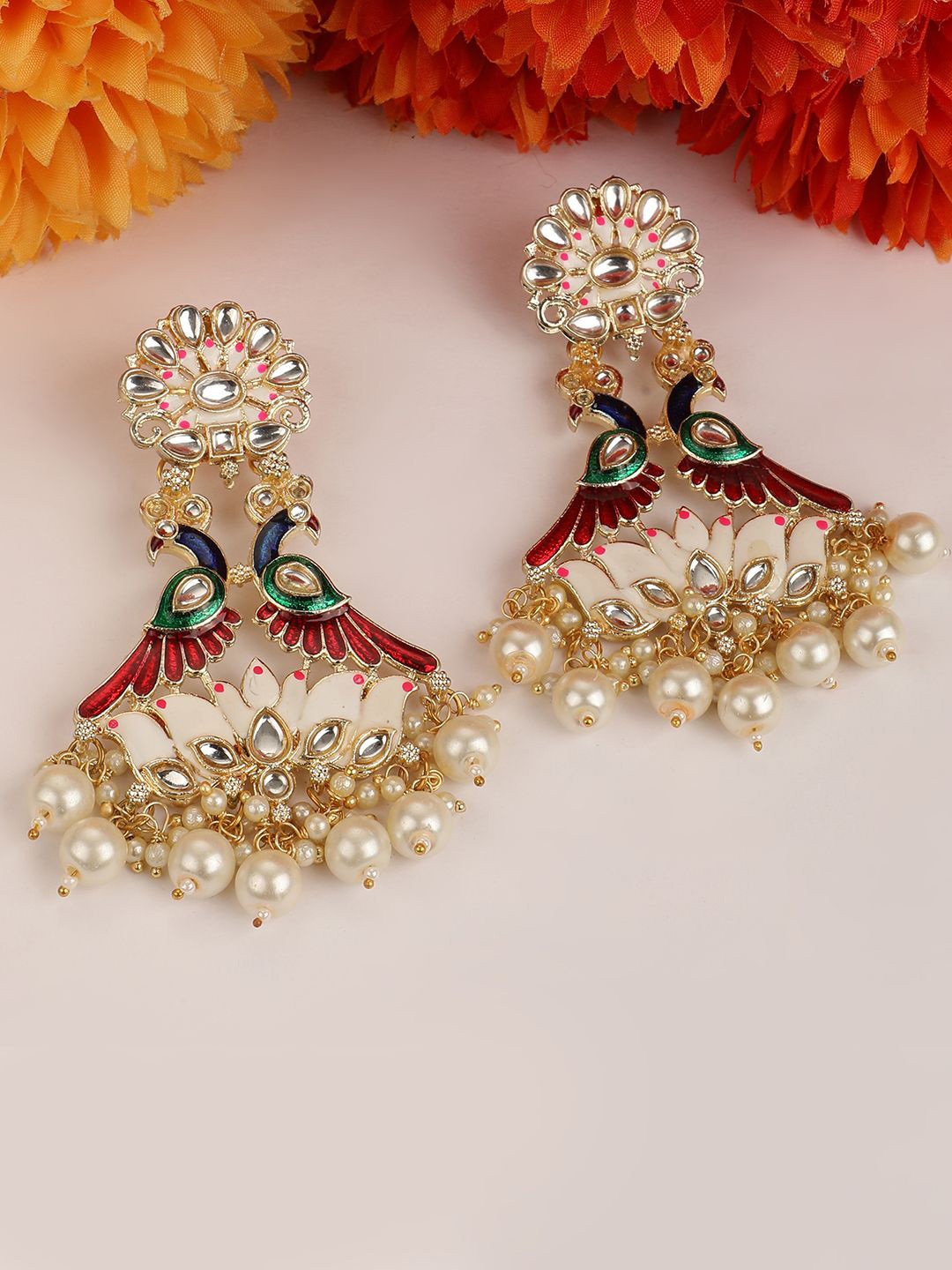 MODE MANIA Gold-Plated Kundan Studded & Beaded Peacock Shaped Jhumkas