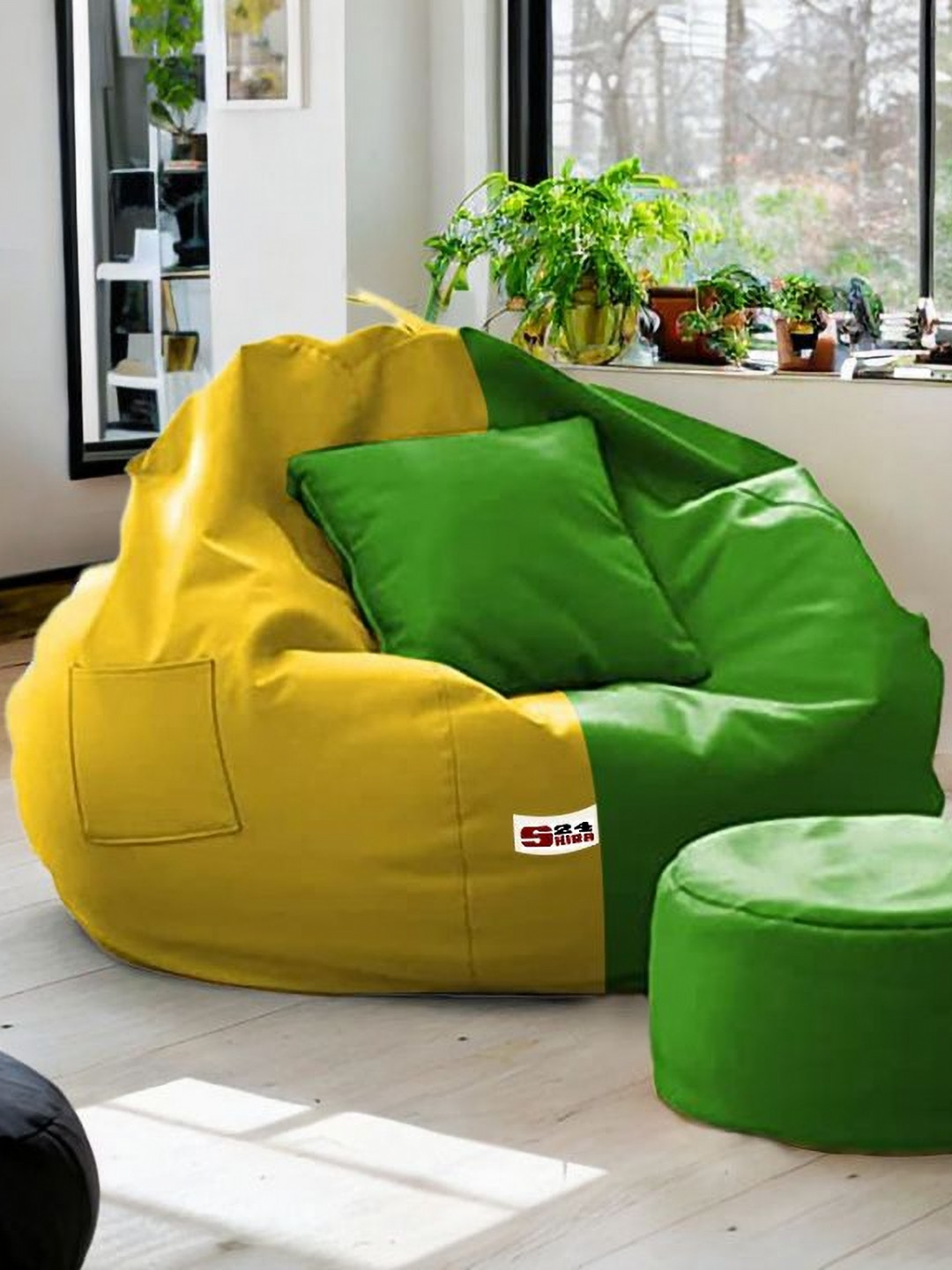 SHIRA 24 Green & Yellow 3 Pieces Bean Bag Cover With Cushion Cover