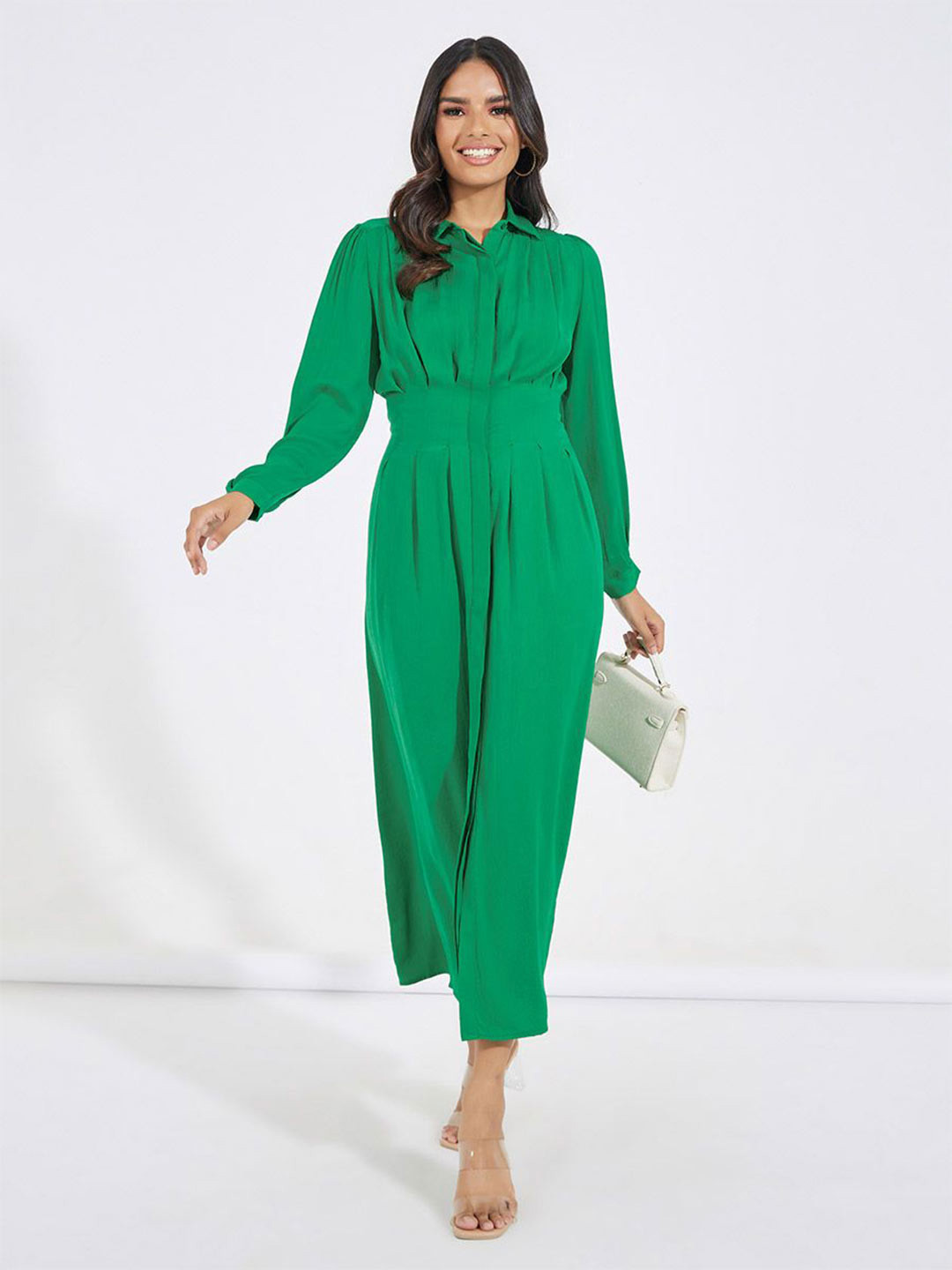 Styli Women Shirt Collar Volume Sleeves A-Line Maxi Dress