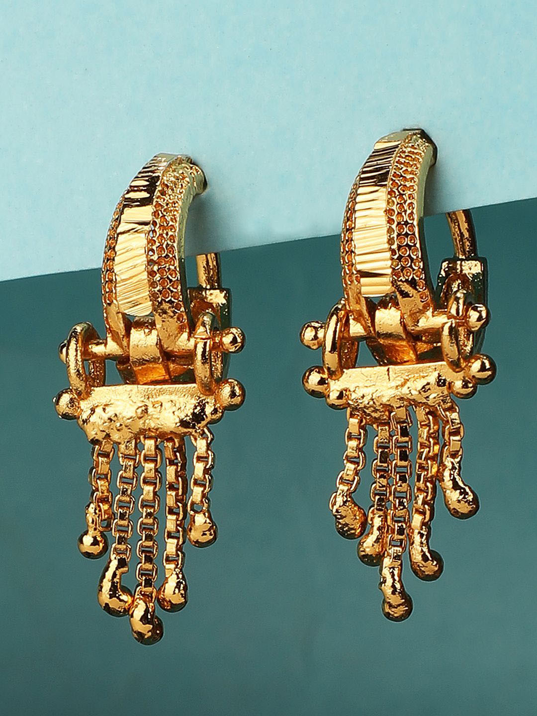 MODE MANIA Gold Plated Contemporary Tasselled Hoop Earrings