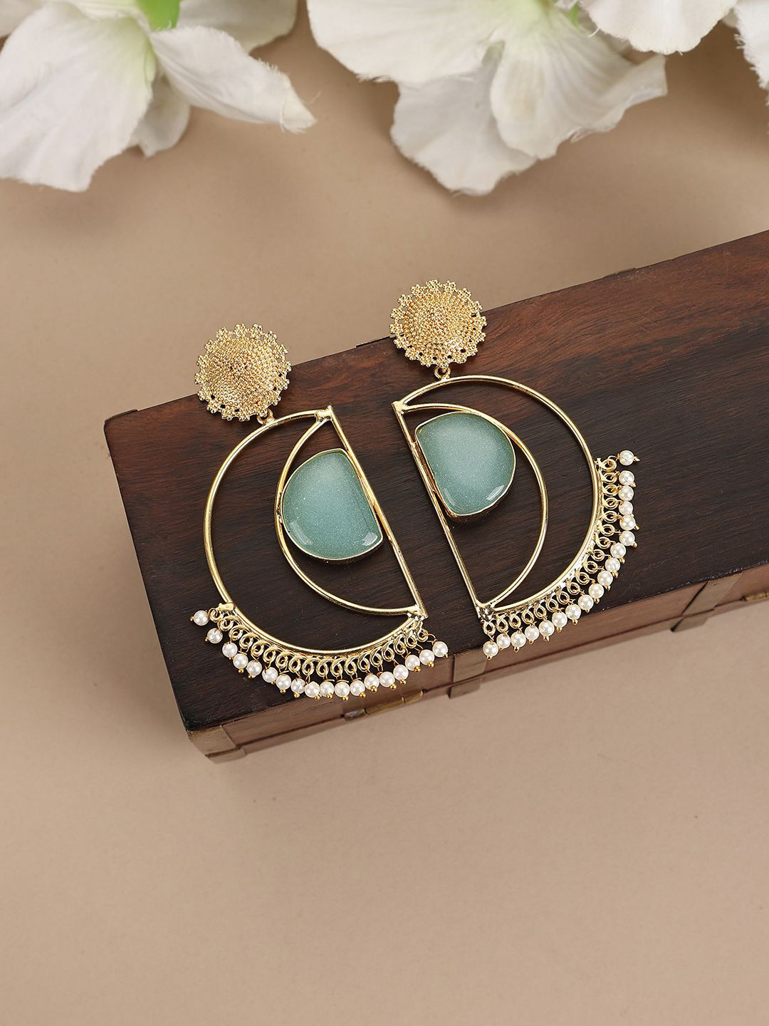 MODE MANIA Gold-Plated Stones Studde Geometric Drop Earrings