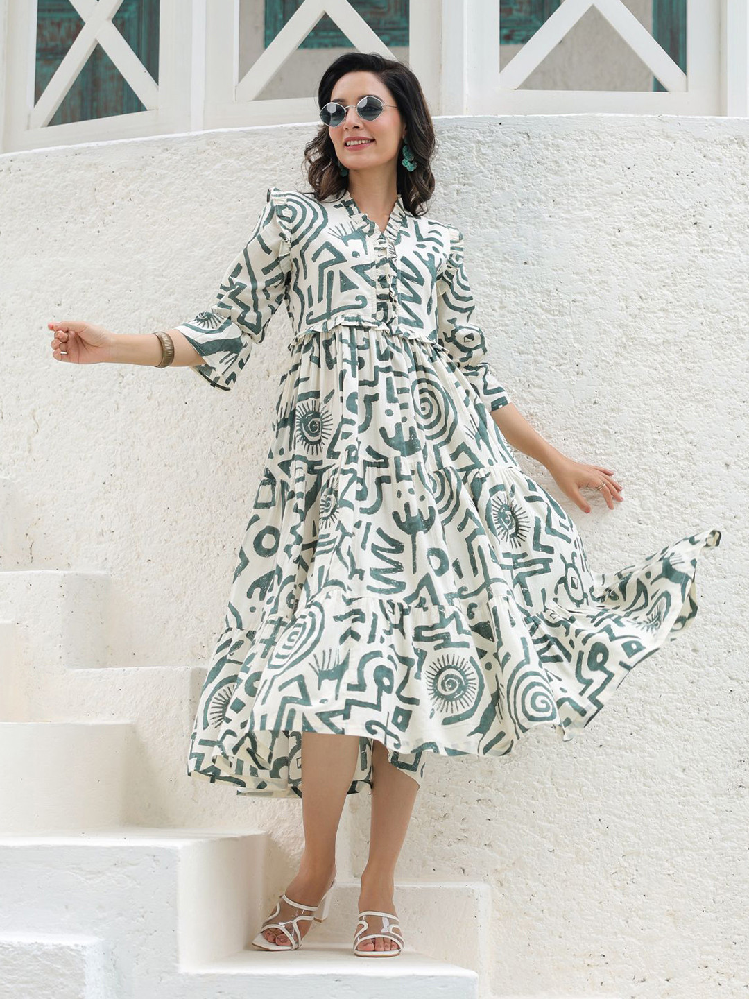 Rain & Rainbow Printed Tiered Fit & Flare Midi Dress