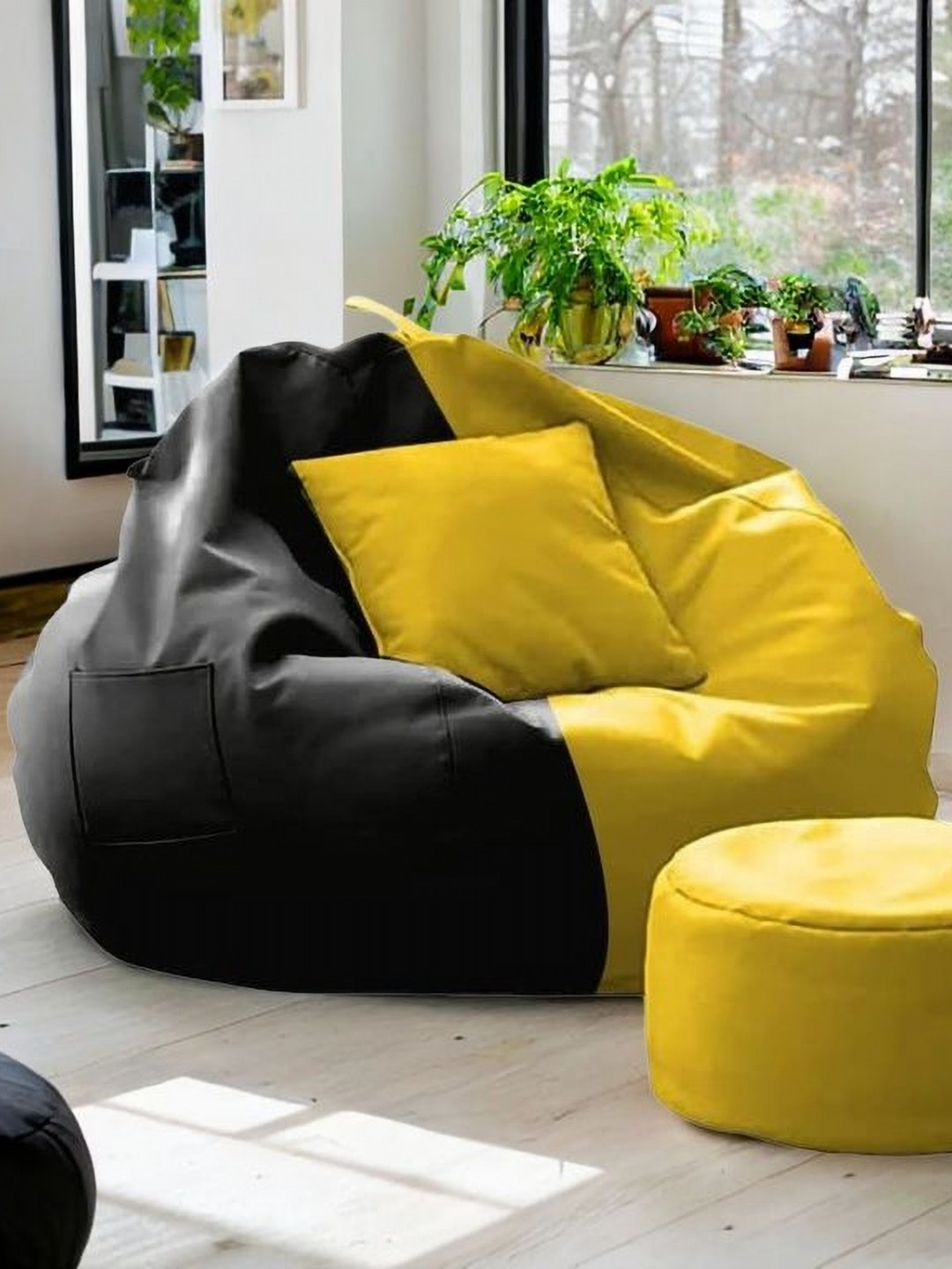 SHIRA 24 Yellow & Black 3 Pieces Color-Block Bean Bag Cover Footrest With Cushion Cover