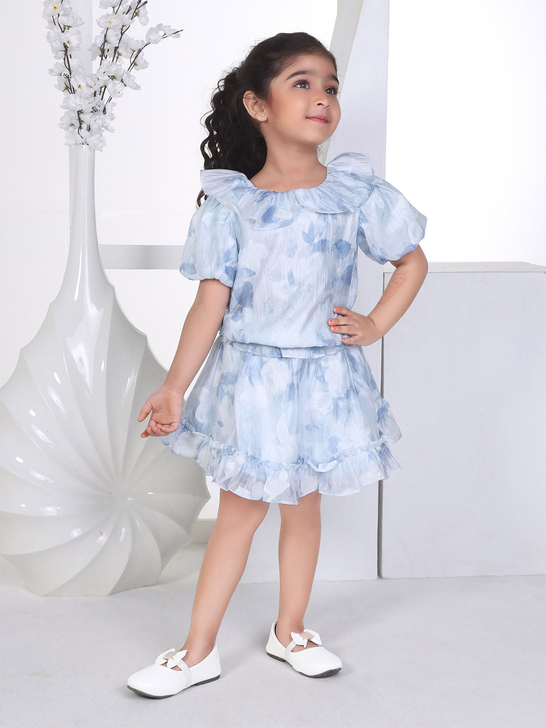 Peppermint Girls Printed Boat Neck Puffed Sleeves Ruffed Top with Skirt