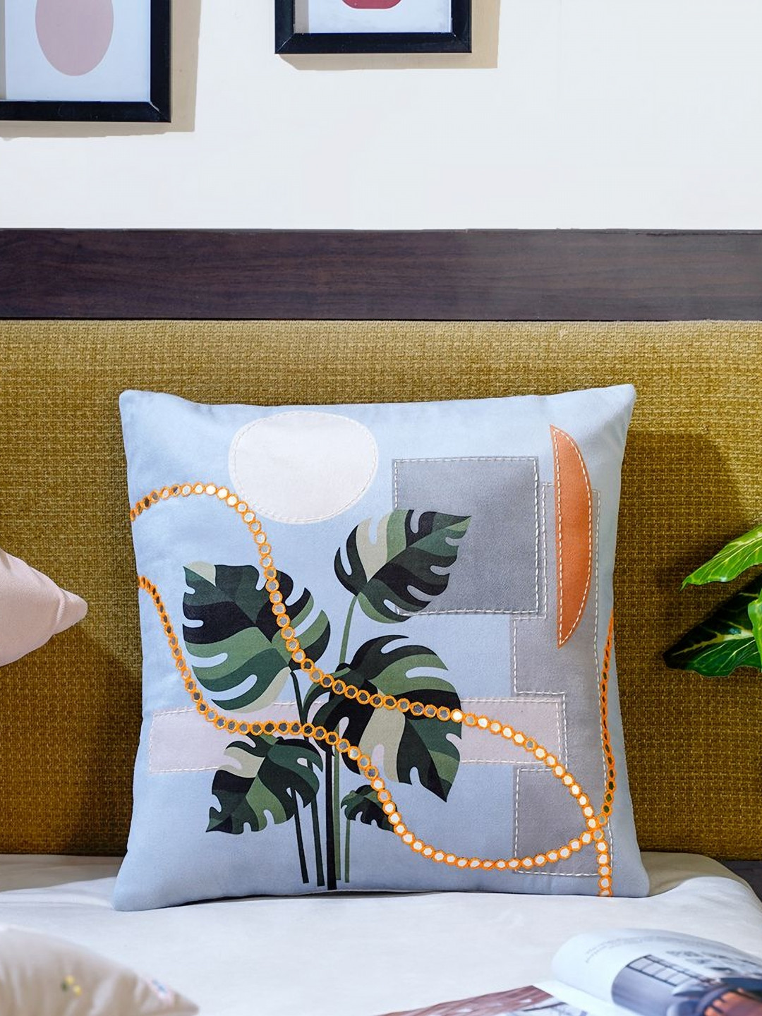 Mid July Home Harmony of Elements Blue Floral Embellished Velvet Square Cushion Cover