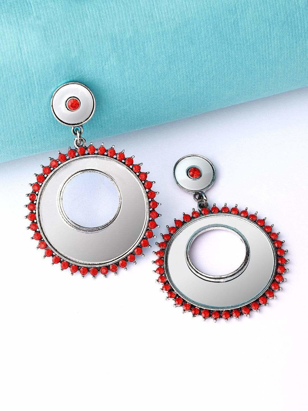 Rubans Silver-Plated Mirror Work Circle Earrings with Red Stone Accents