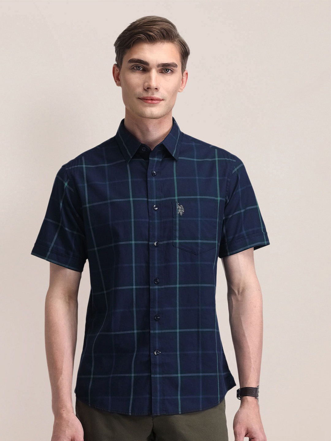 U.S. Polo Assn. Men Classic Spread Collar Windowpane Checked Cotton Formal Shirt