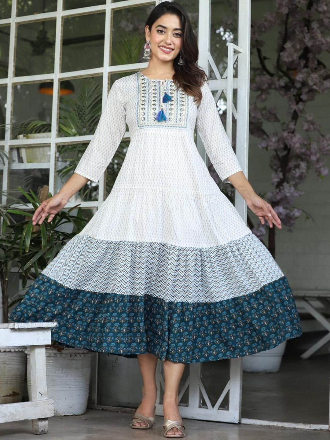 QBO FASHION Geometric Printed Mirror Work Tie-Up Neck Tiered Detail Anarkali Kurta