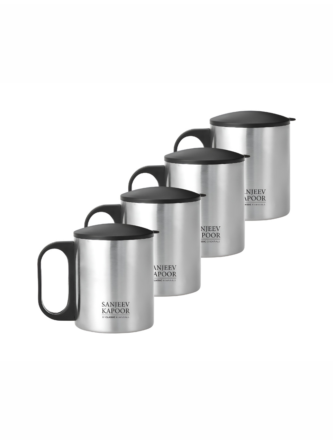 Classic Essentials Silver-Toned & Black Solid Stainless Steel Matte Mugs Set of Cups and Mugs