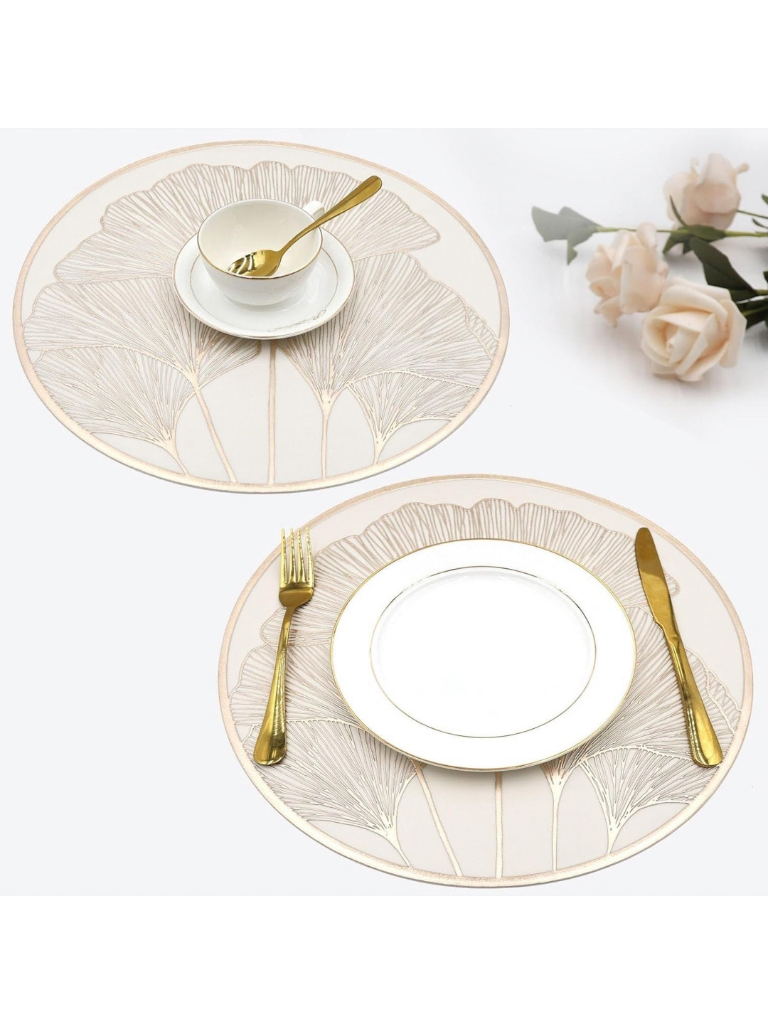 LooMantha Gold-Toned & White Printed Round Table Placemats