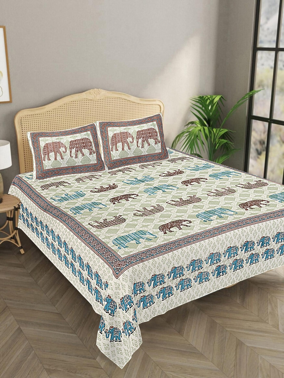 Aura Beige & Green Ethnic Motifs 144 TC Pure Cotton King Bedsheet With 2 Pillow Covers