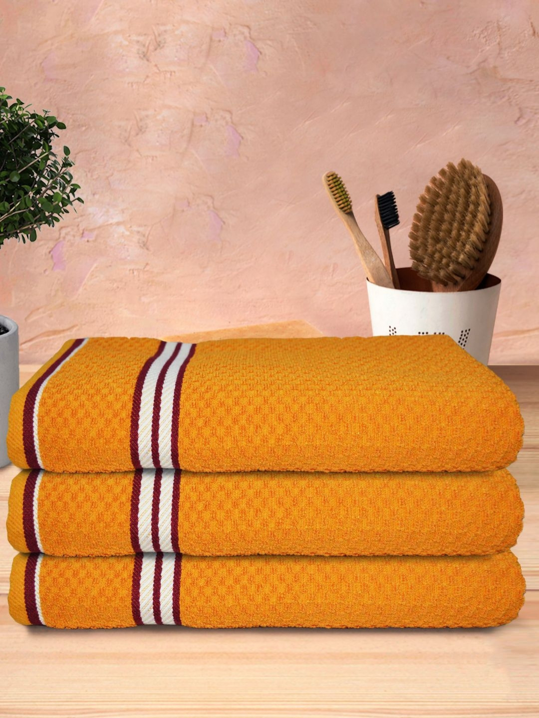 Aura Athom Yellow & White 3 Pieces Textured Cotton Water Absorbant 500 GSM Bath Towels