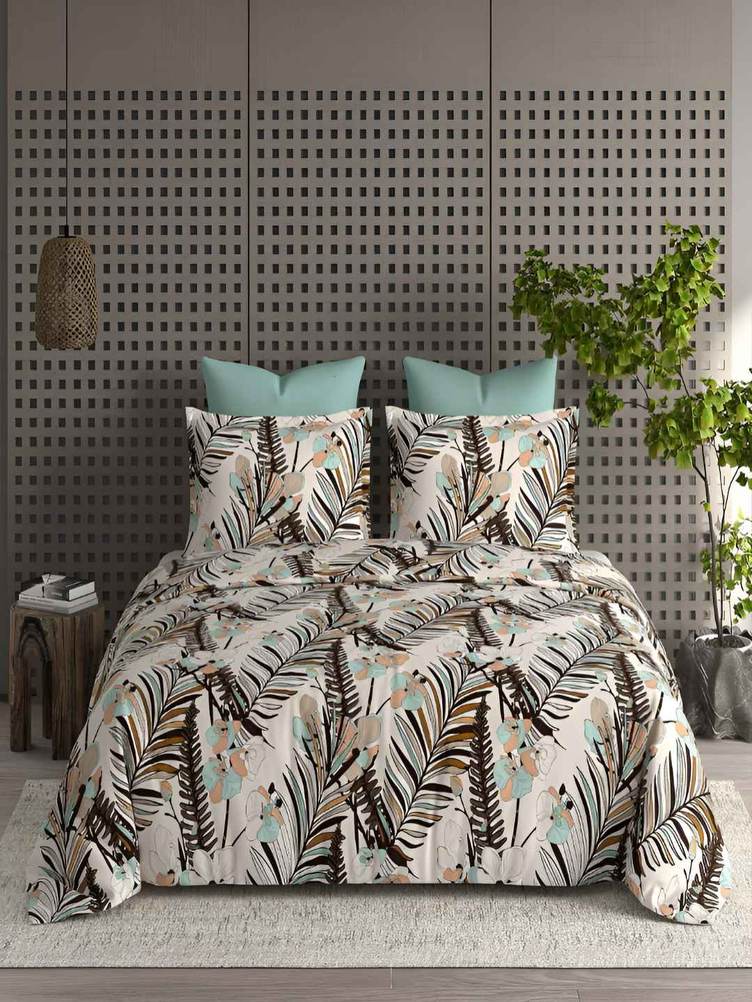 tundwal's Cream Leaf Cotton 210 TC King Fine Bedsheet with 2 Pillow Covers-108 x 108 inches