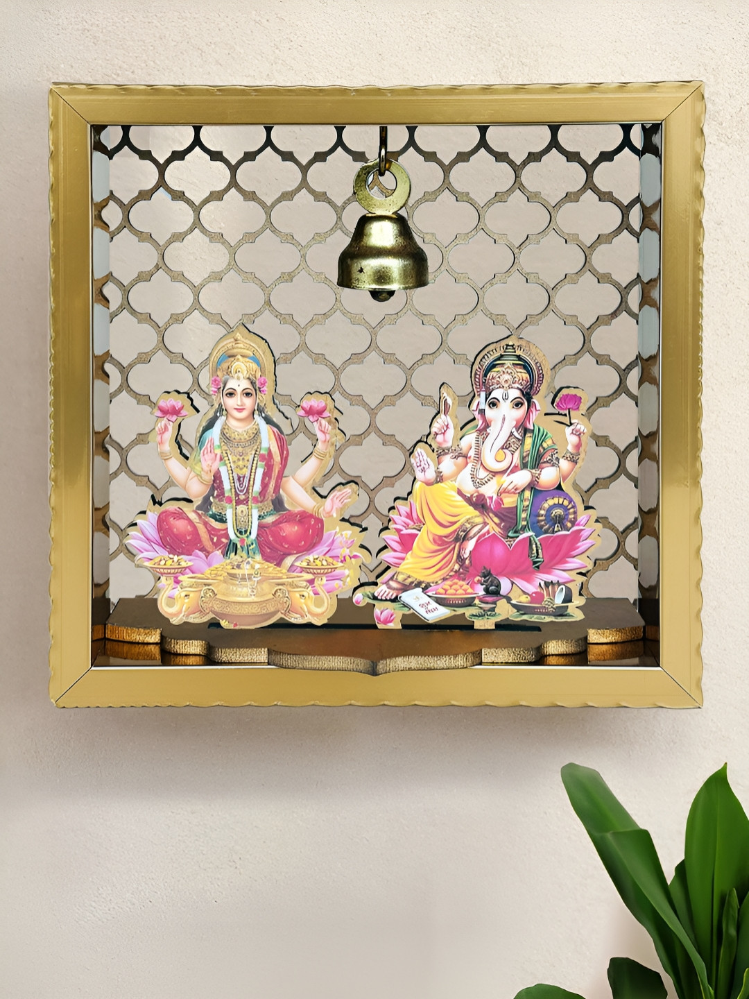 Art Street Laxmi Ganesh Gold Wood Natural Prayer Room Set of 3 Small Showpieces - 7 Inches