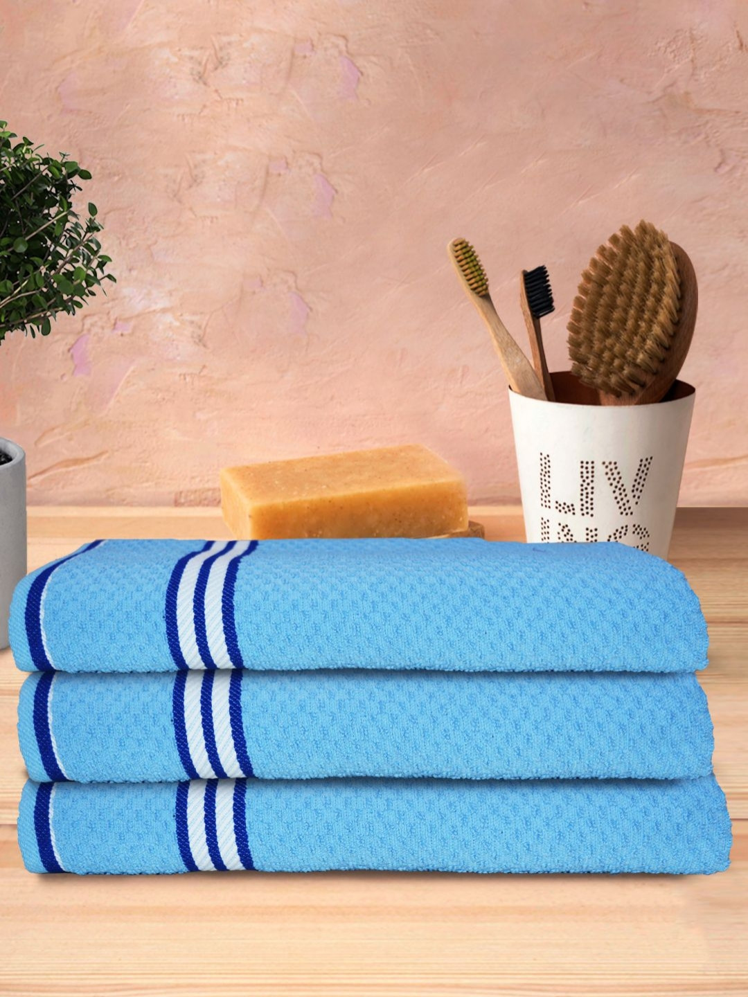 Aura Blue & Black 3 Pieces Textured Cotton Water Absorbant 500 GSM Bath Towels