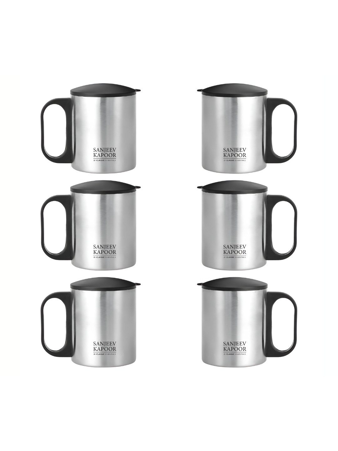 Classic Essentials Silver-Toned & Black Printed Stainless Steel Matte Mugs Set of Cups and Mugs