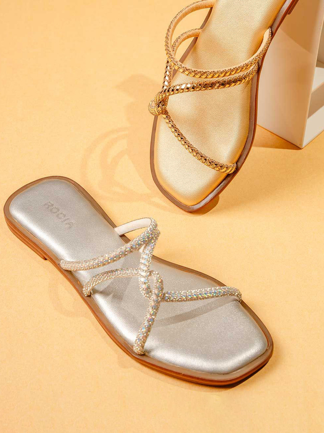 Rocia By Regal Silver Women Strappy Diamond Embellished Flats