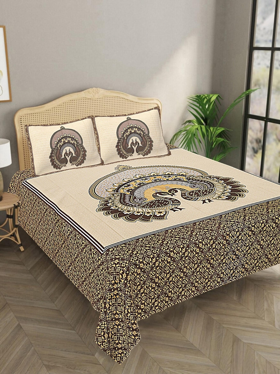 Aura Yellow & Brown Ethnic Motifs 144 TC Pure Cotton King Bedsheet with 2 Pillow Covers