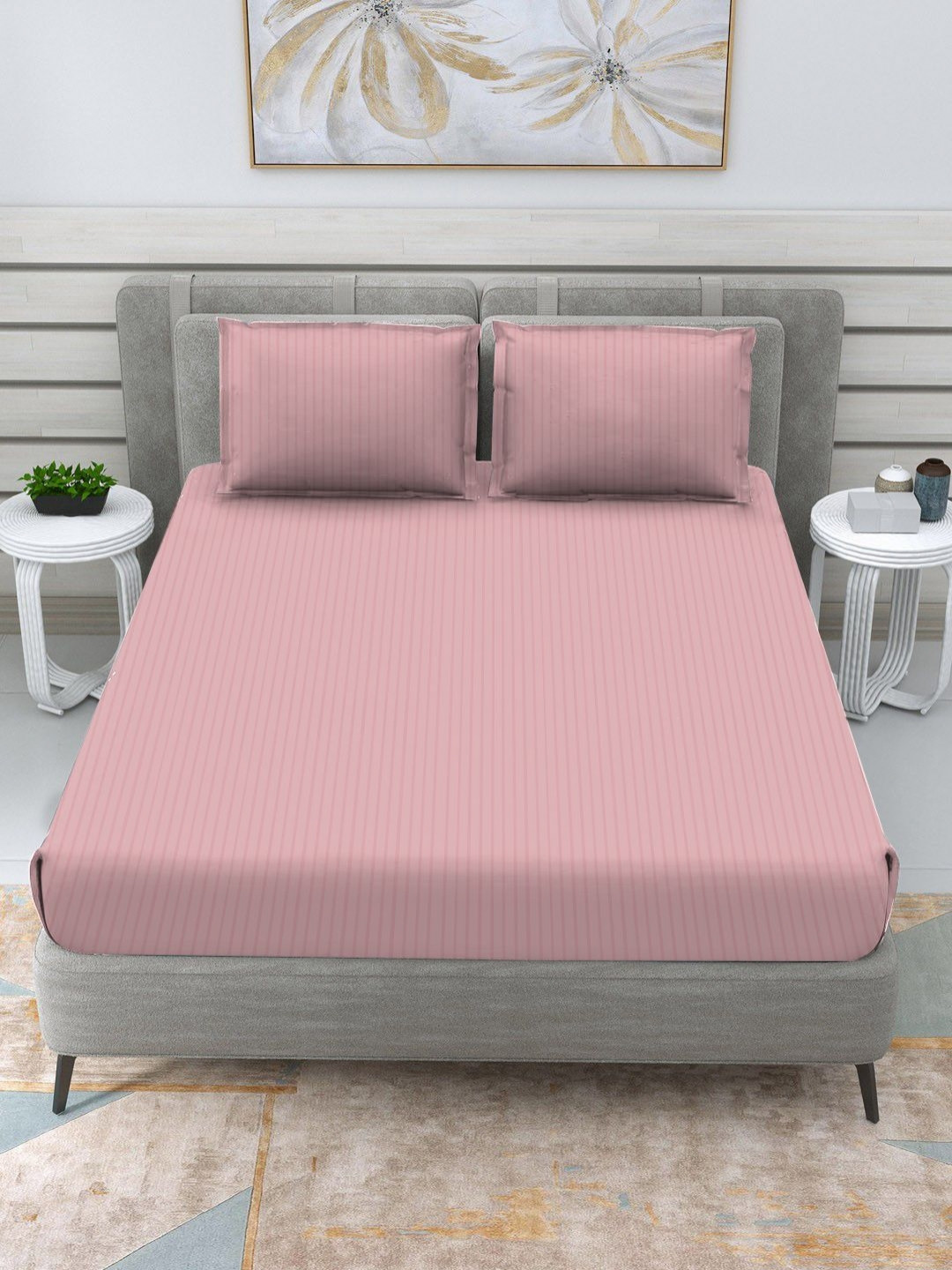 RRC Rr Creations Coral Striped Polycotton 144 TC Queen Bedsheet with 2 Pillow Covers-90 x 108 inches