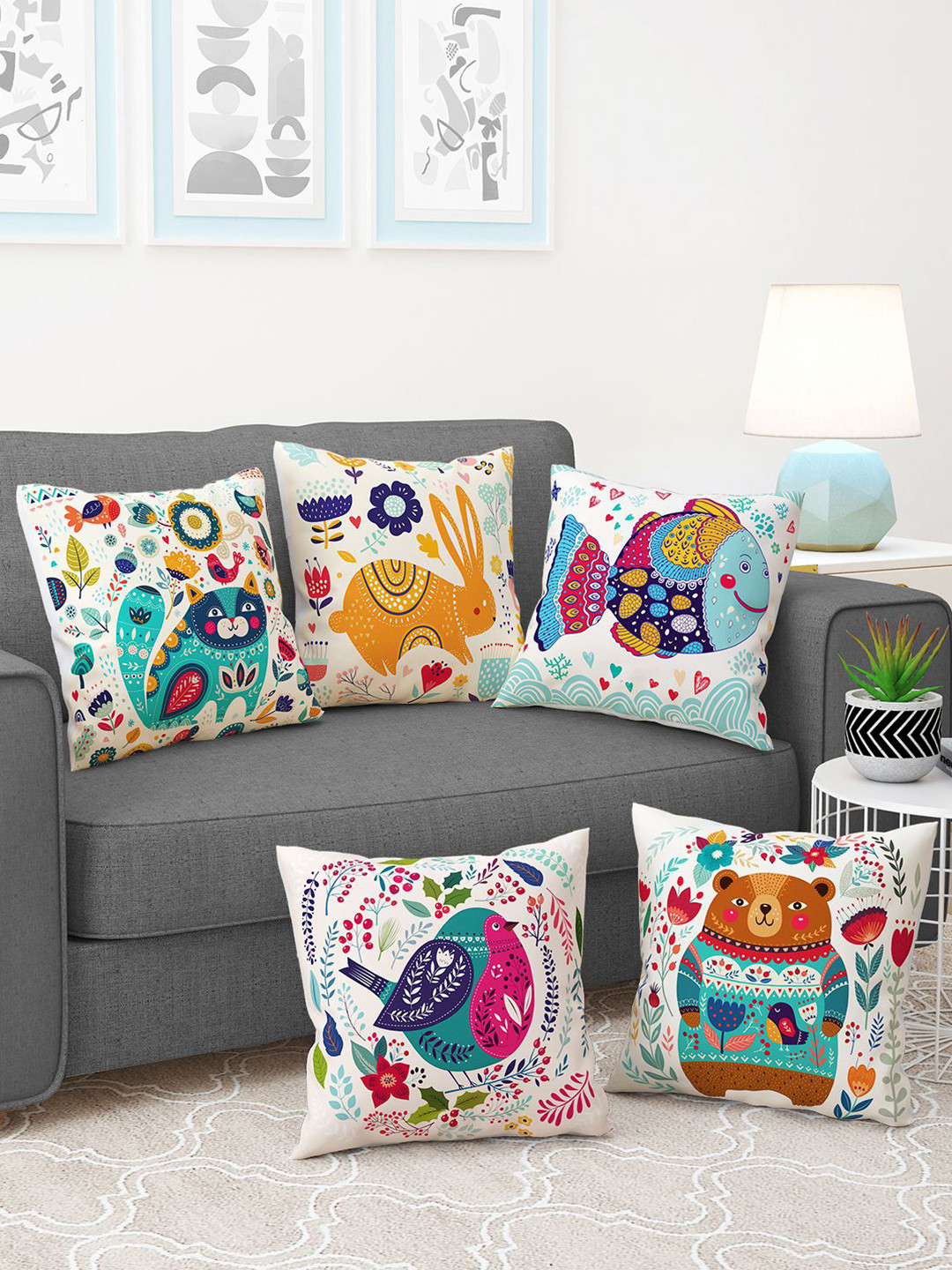 Story@home White & Blue 5 Pieces Cartoon Characters Square Cushion Covers