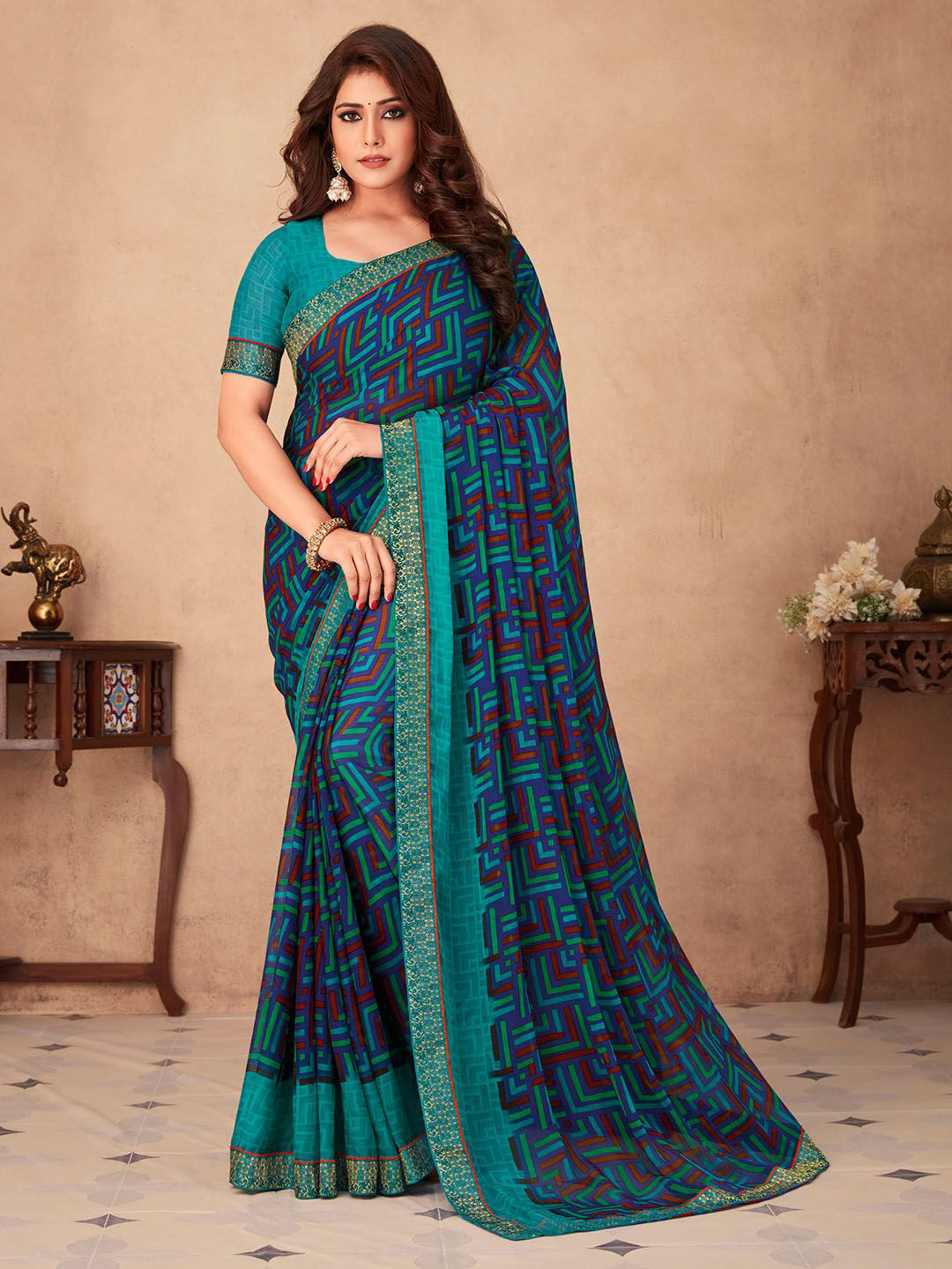Panzora Zari Poly Chiffon Printed With Banarasi Border Saree