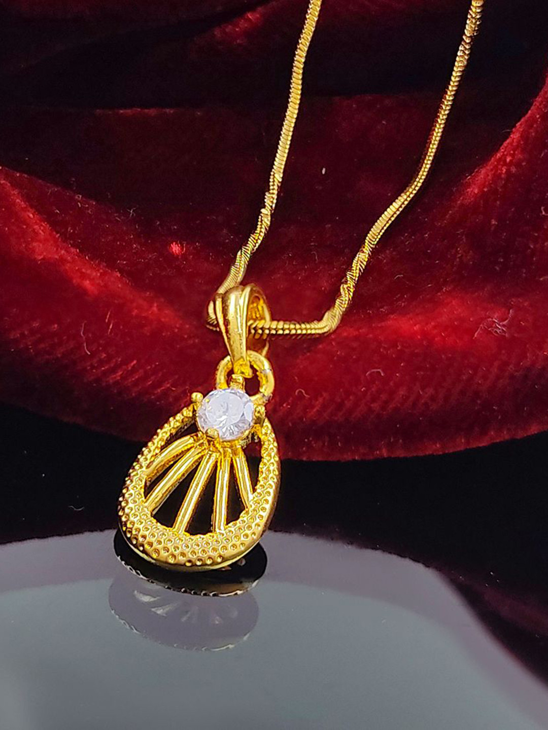 Saizen Gold-Plated Centric Stone Studded Oval Pendants with Chains