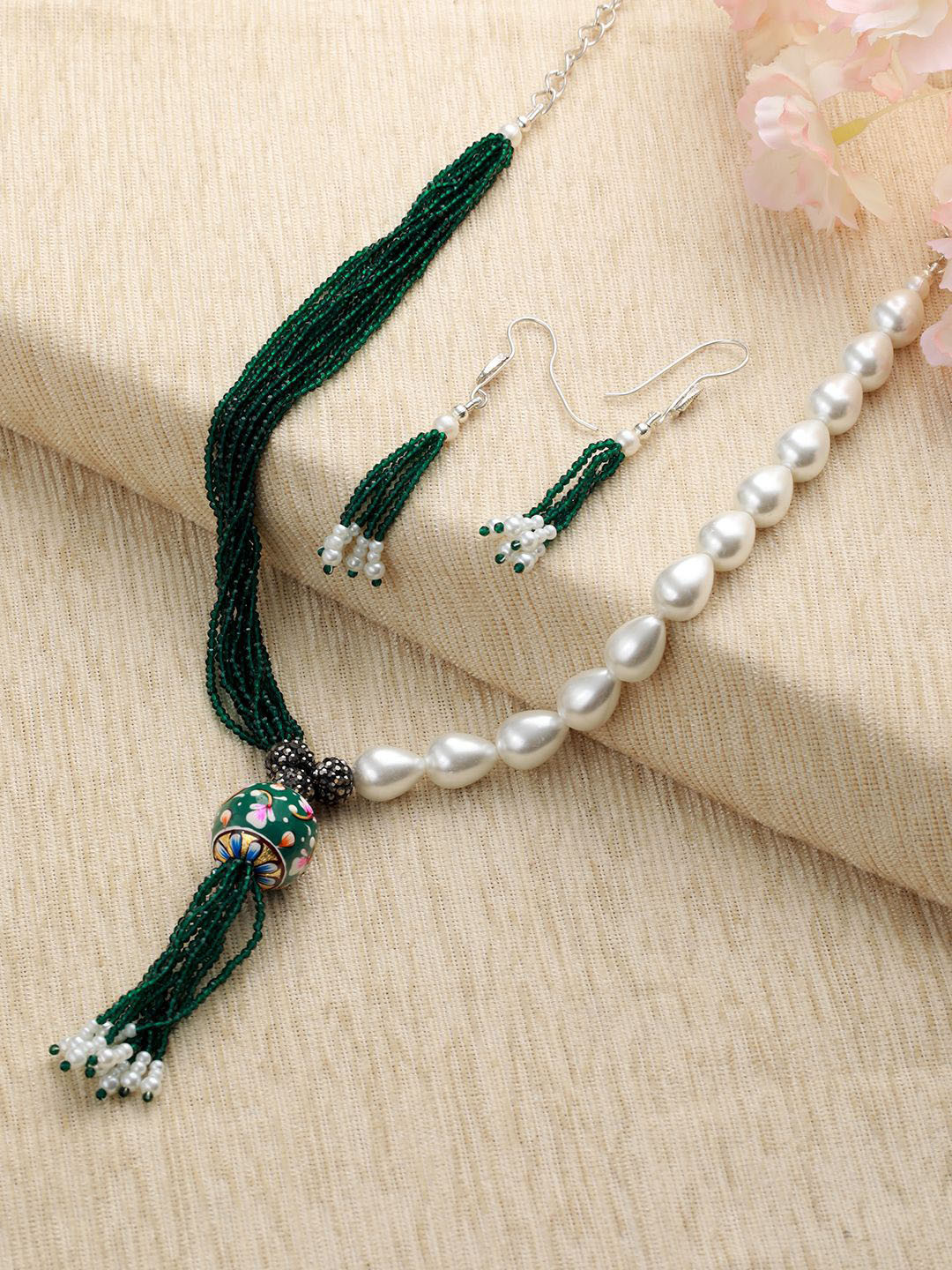 Anouk Silver-Plated Stone-Studded & Pearls Beaded Tassel Jewellery Set