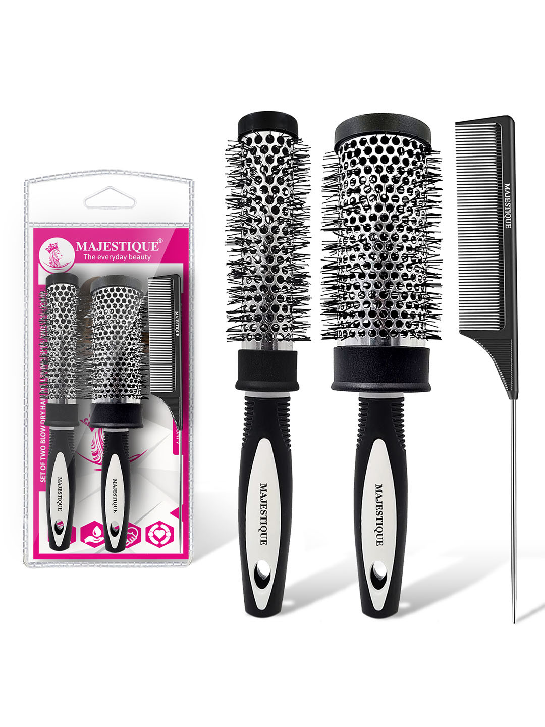 MAJESTIQUE 3-Pcs Blow Dry Hair Roller Brushes & Tail Comb