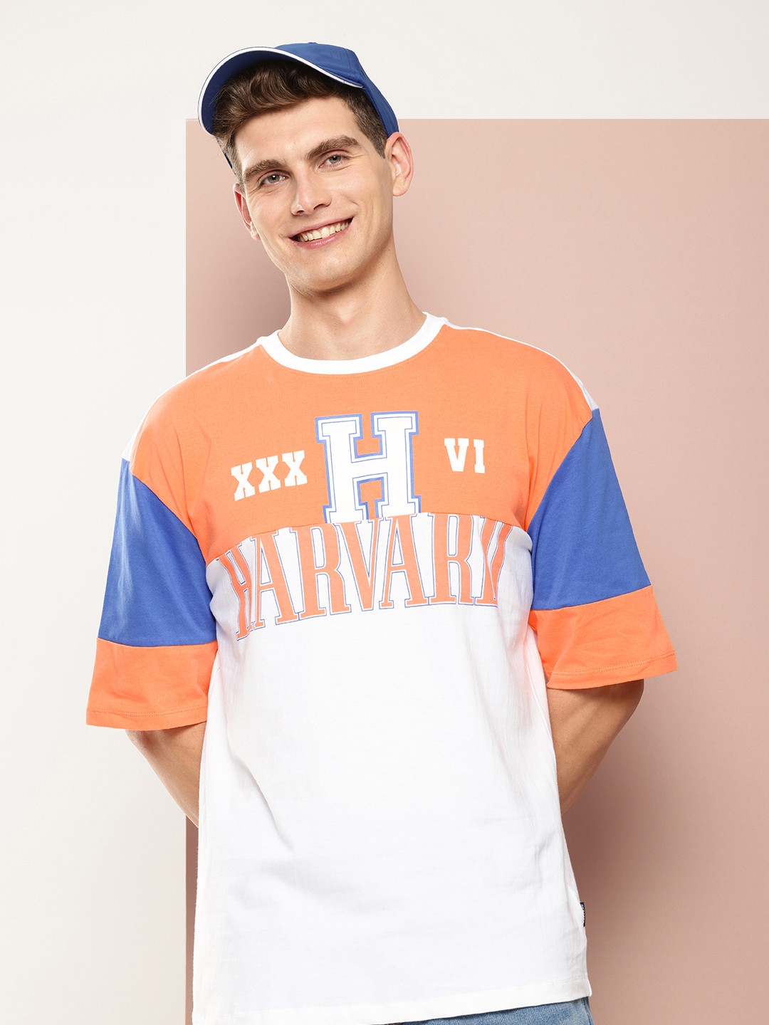 Harvard Brand Logo Printed & Colourblocked Drop-Shoulder Sleeves Pure Cotton T-shirt