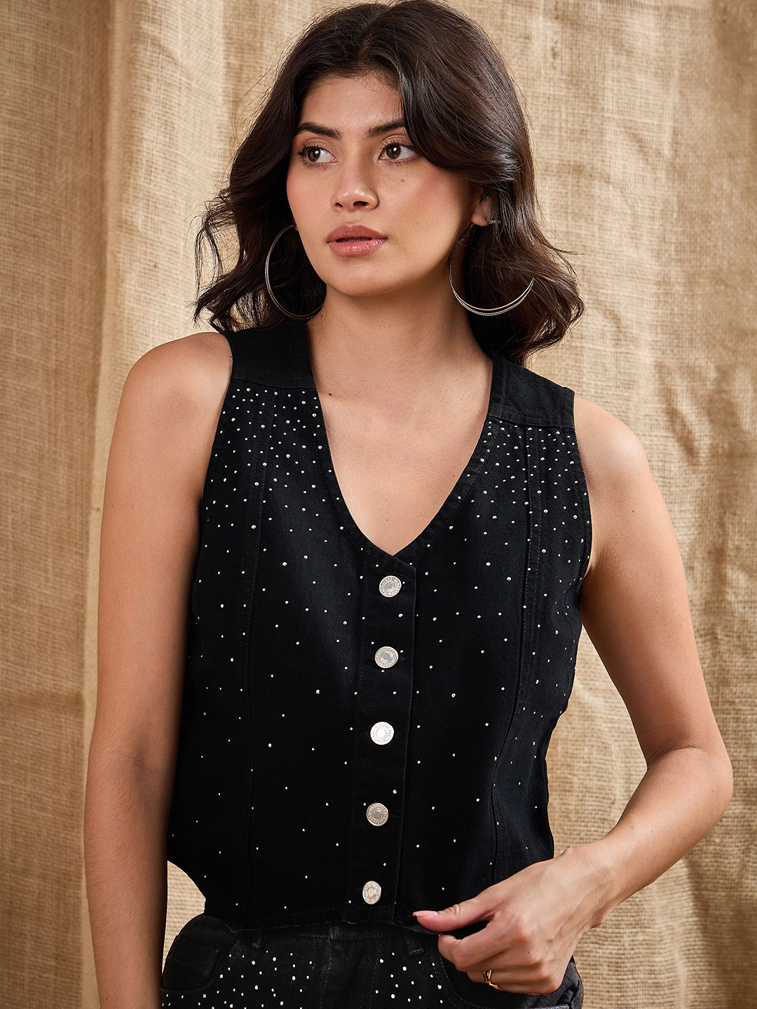 SASSAFRAS Embellished Studded Cotton Denim Shirt Style Top