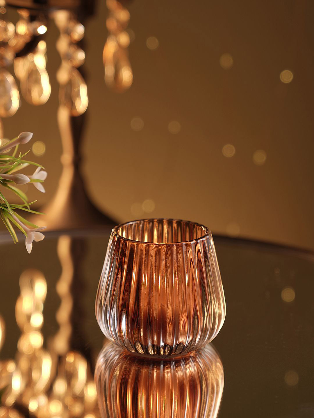 Pure Home and Living Gold-Toned & Brown 2 Pieces Glass Textured Candle Holder