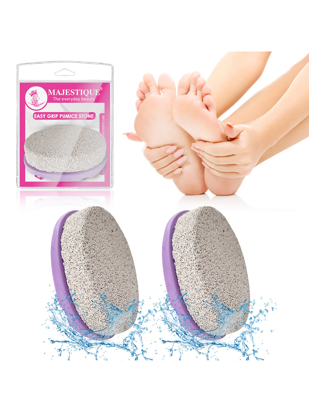 MAJESTIQUE Set of 2 Easy Grip Pumice Stones for Foot Care - Pink & Purple