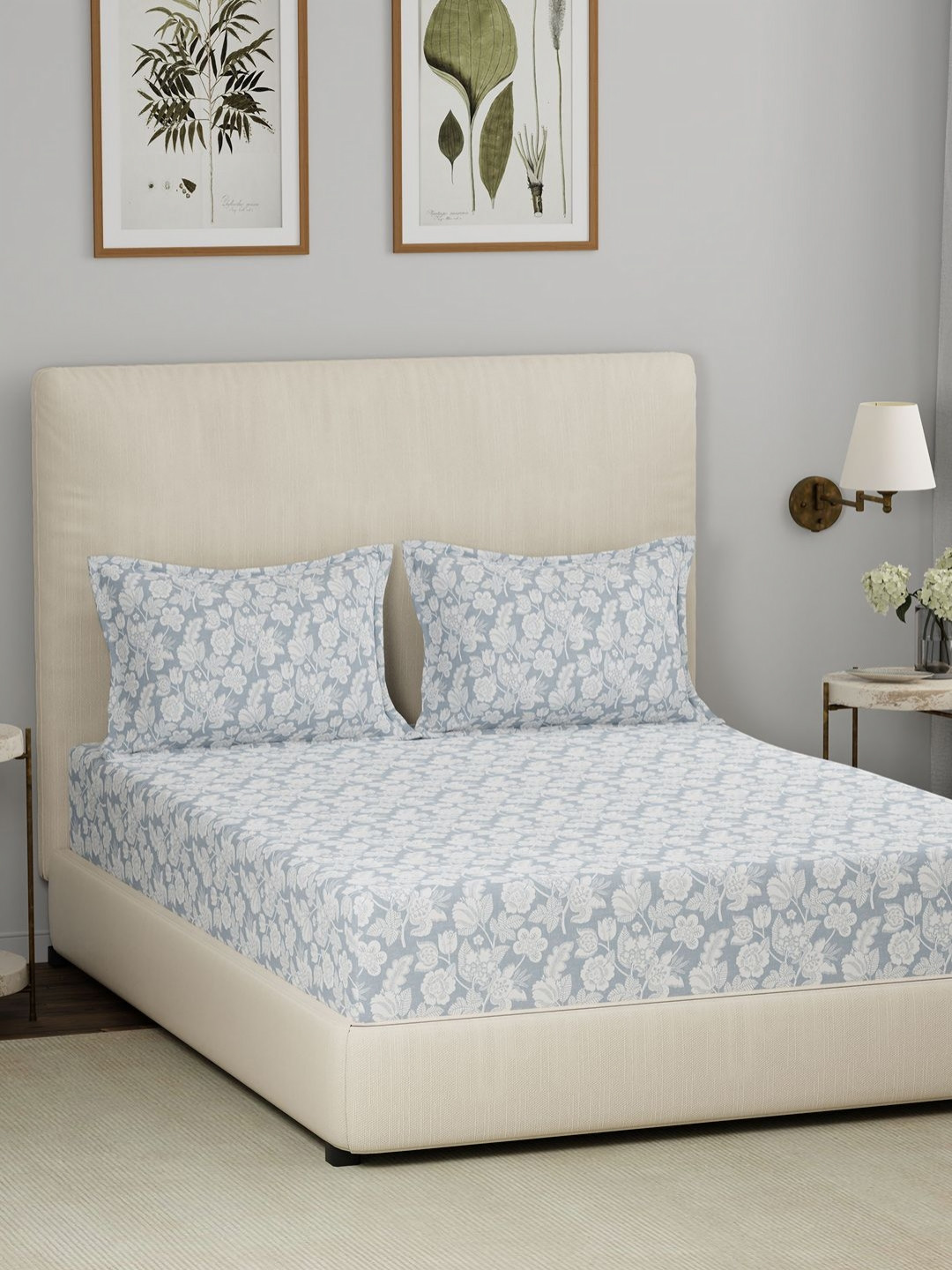 MASPAR Hermosa Eclectic Garden Cordelia Green Floral Cotton 144 TC King Bedsheet with 2 Pillow Covers-108 x 108 inches