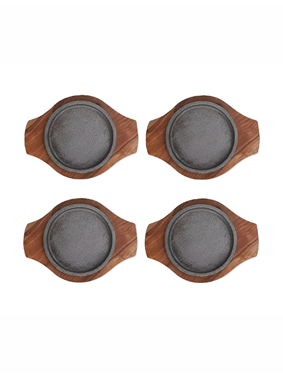 e kysa 4 Pcs Brown Cast Iron & Wooden Base Sizzler Plate