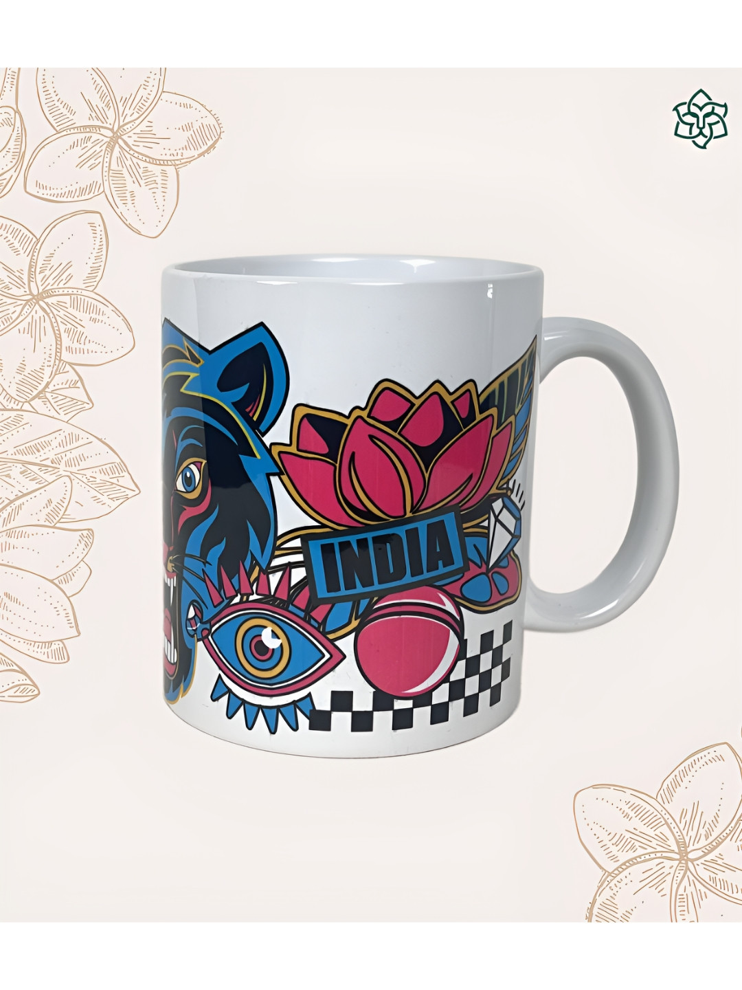 MAATIR DESIGNS White Graphic Ceramic Handmade Mug-325ml