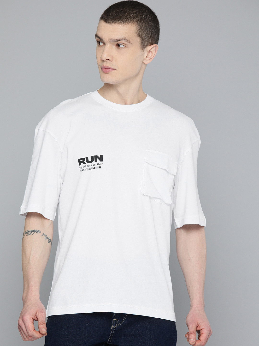 Indian Terrain Drop-Shoulder Sleeves Pure Cotton Relaxed T-shirt