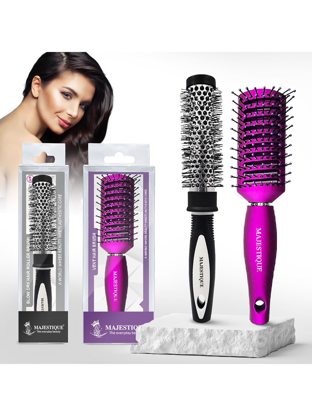 MAJESTIQUE Set Of 2 Round Brush For Blow Drying & Vent Blow Brush For Hair Heat Styling
