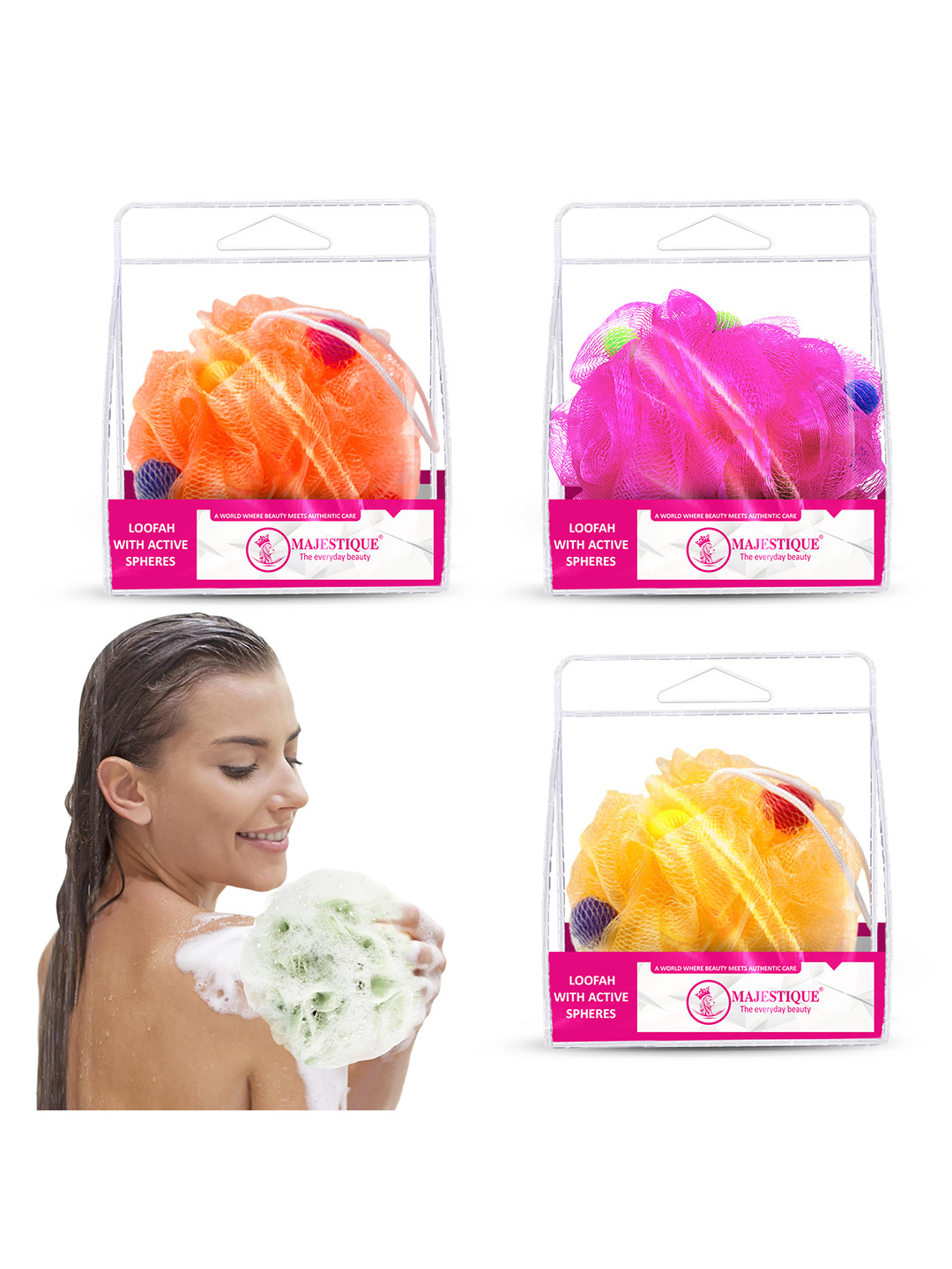 MAJESTIQUE Set of 3 Loofah with Active Spheres - Orange, Pink & Yellow