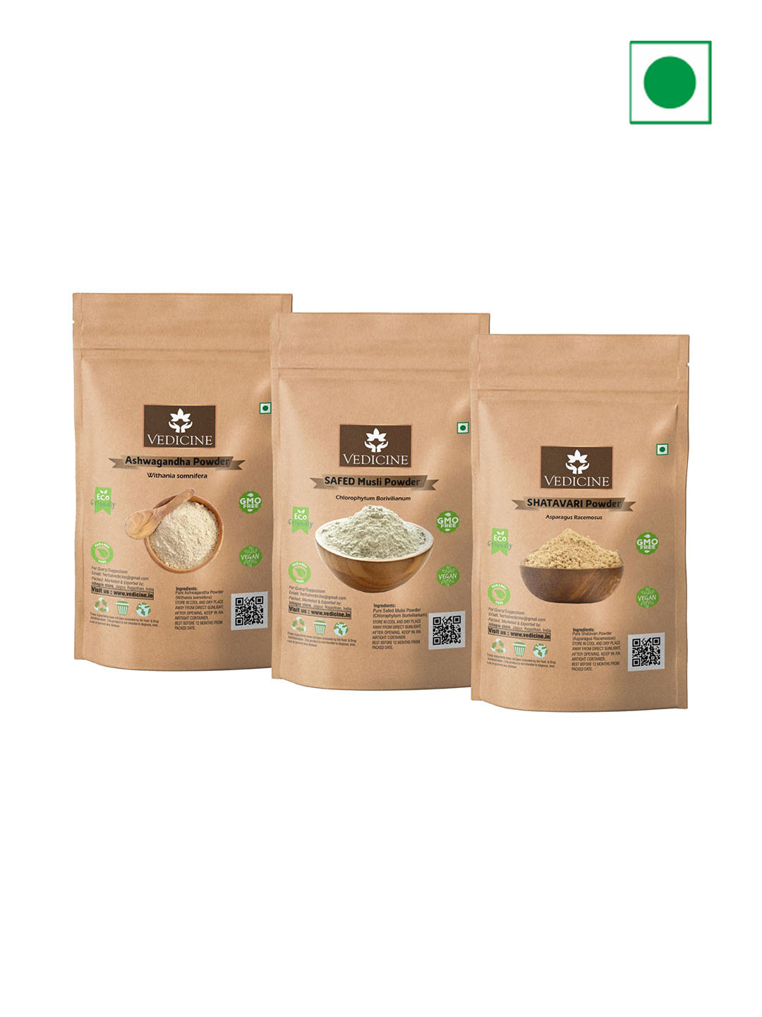 VEDICINE Set Of 3 Ashwagandha Shatavari Safed Musli Powder - 100g Each