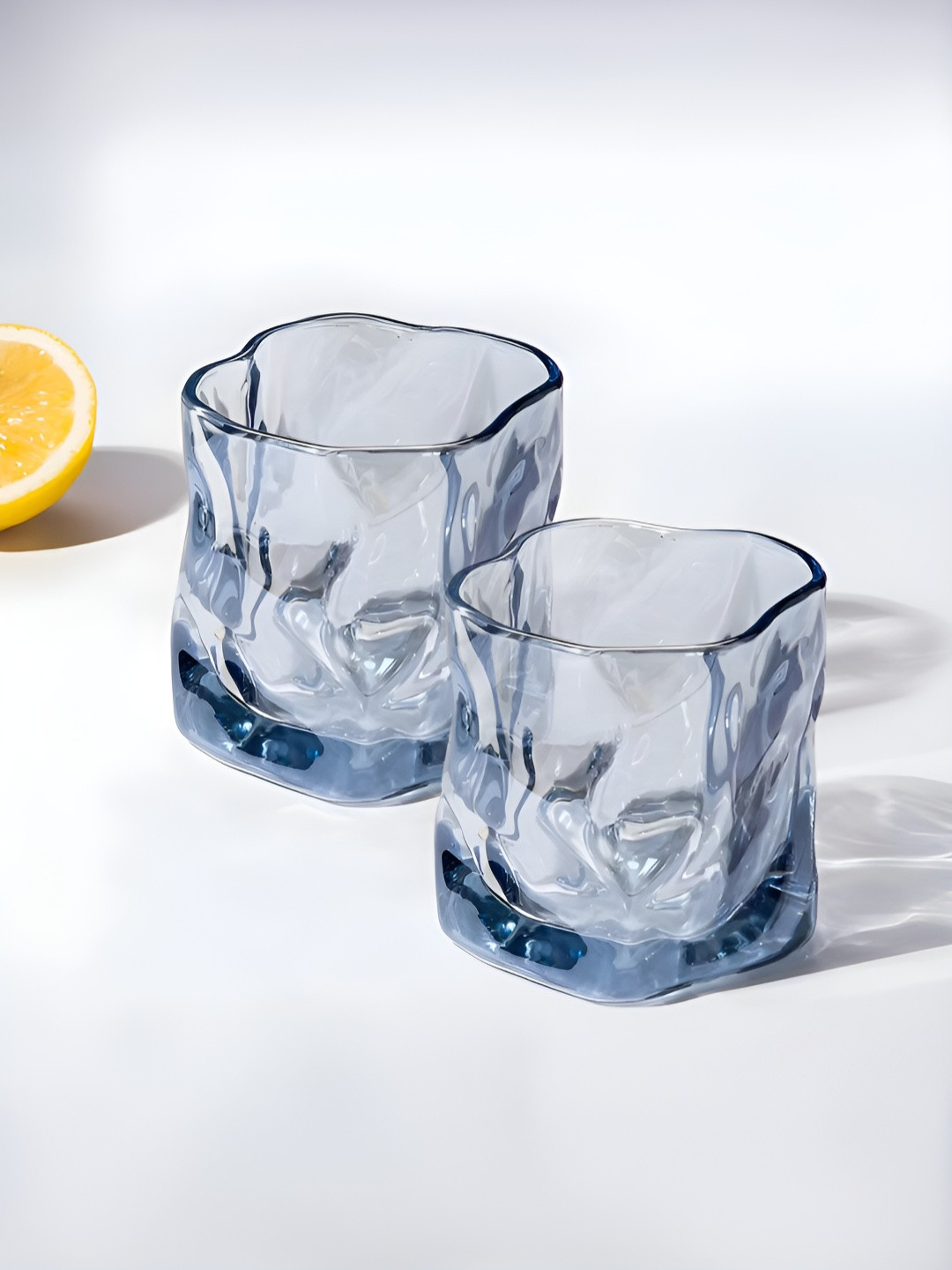 UMAI Transparent & Blue 2 Pieces Textured Whisky Glasses-230 ml Each
