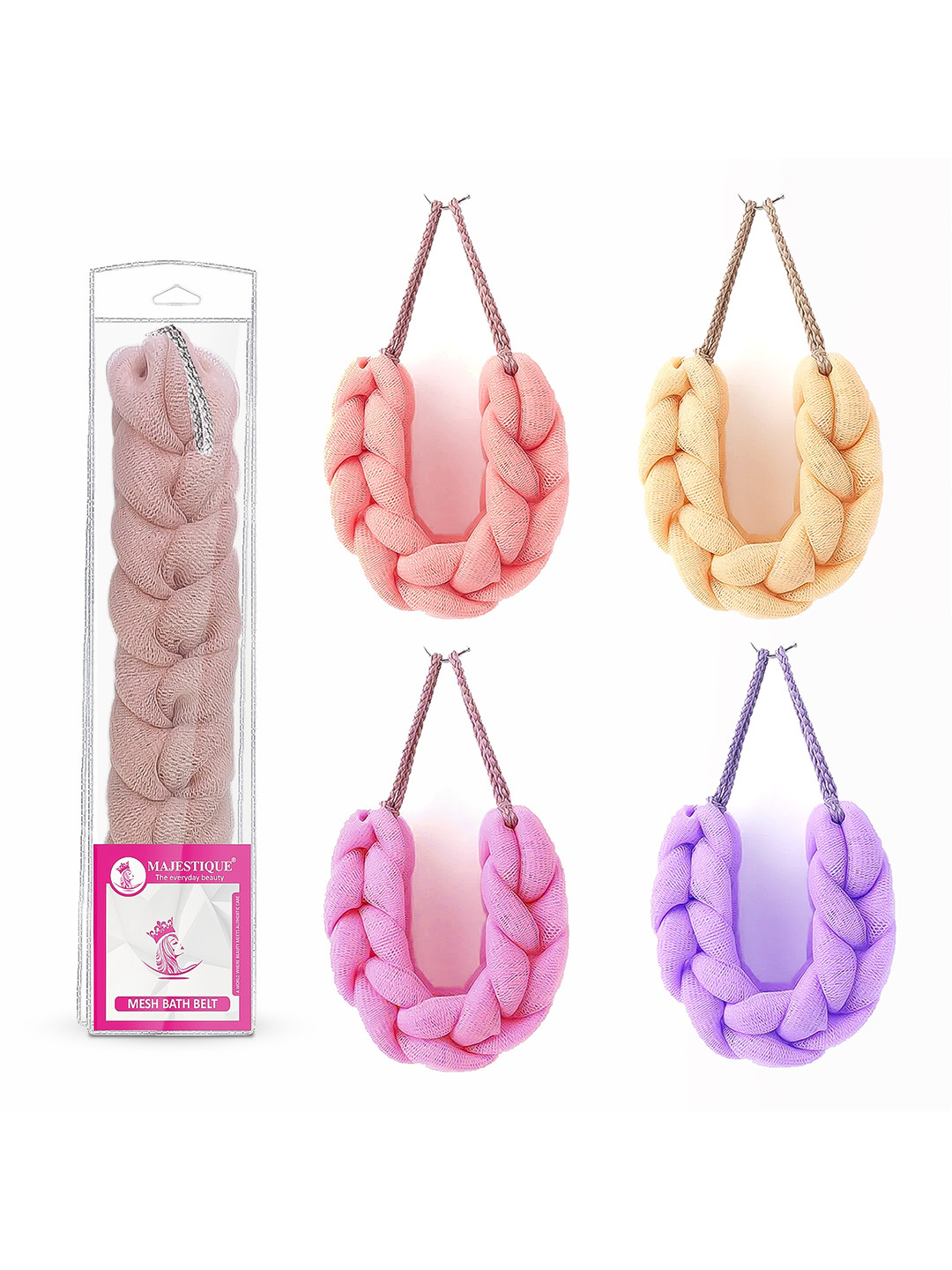 MAJESTIQUE Blue & Pink Set Of 4 Large Bath Shower Sponge Pouf Loofahs-60 gm