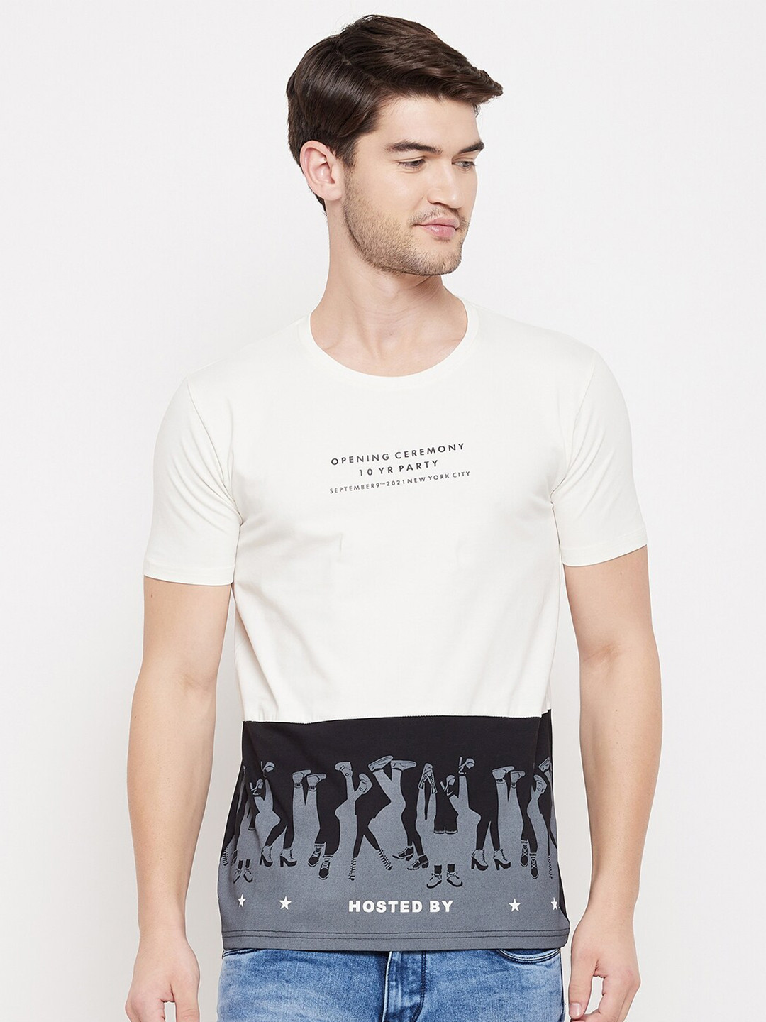 Duke Men Black & bright white Typography Printed Raw Edge Slim Fit T-shirt