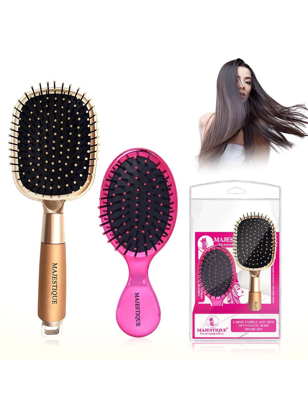 MAJESTIQUE 2-Pcs Large Paddle & Mini Detangling Hair Brush Set
