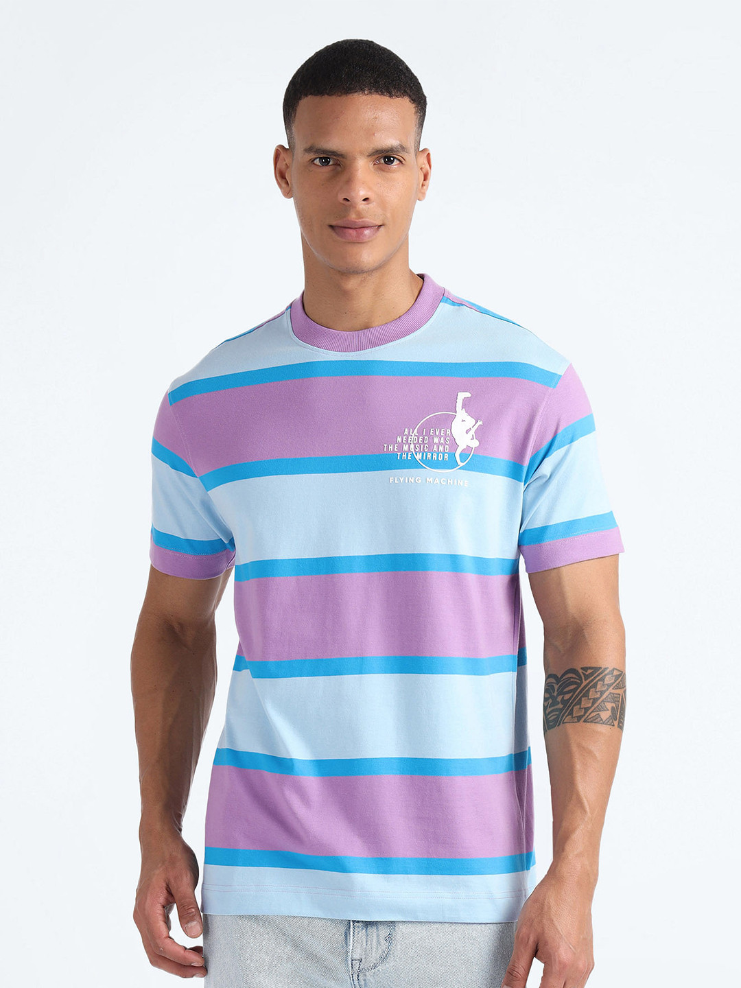 Flying Machine Striped Cotton Round Neck Short Sleeves Cut Outs Oversized Casual T-shirt