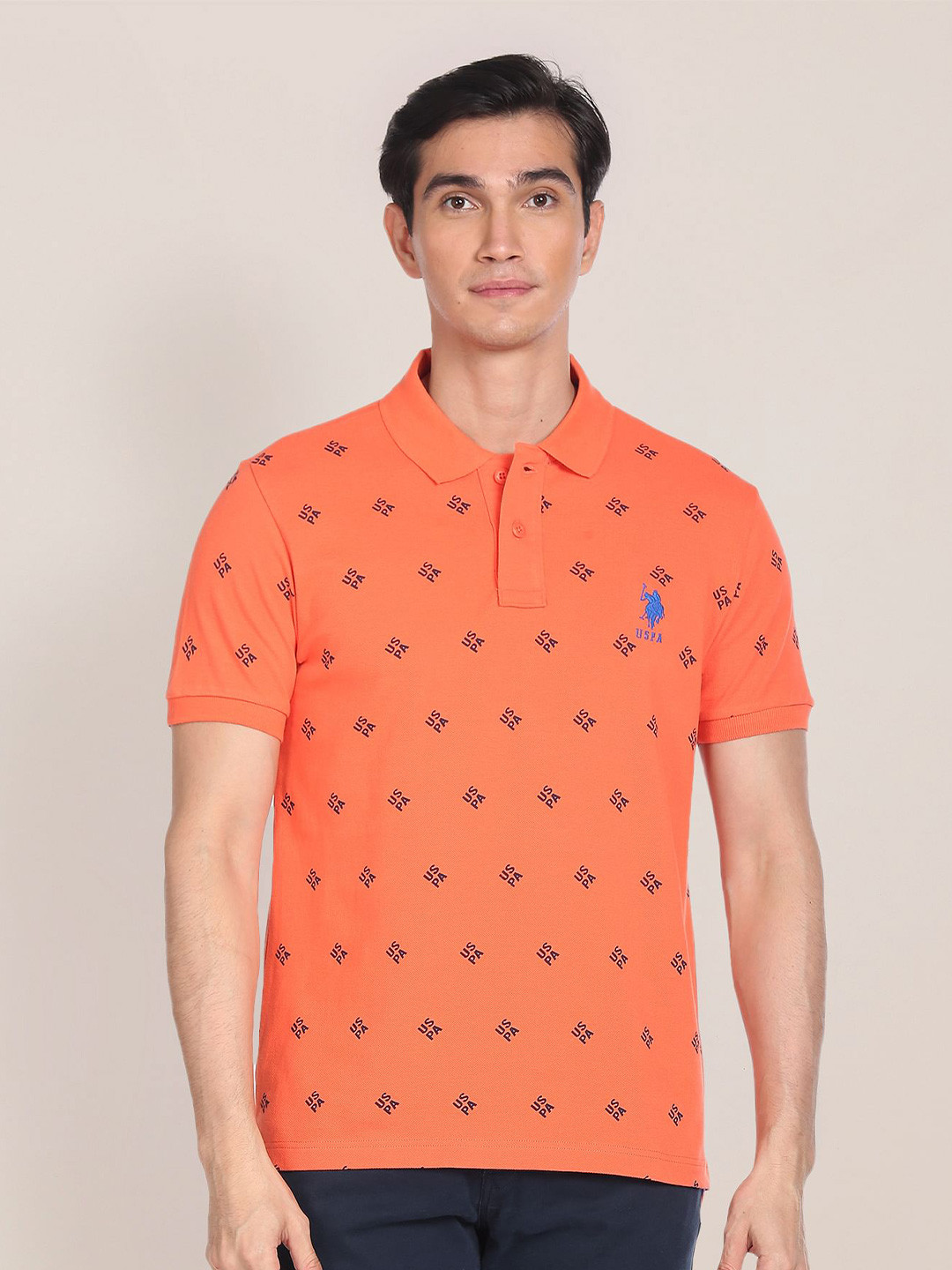 U.S. Polo Assn. Geometric Brand Printed Polo Collar Pure Cotton Slim Fit T-shirt