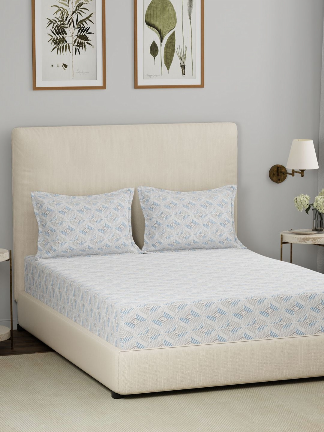 MASPAR Hermosa Eclectic Garden Urban Blue Geometric Cotton 144 TC King Bedsheet with 2 Pillow Covers-108 x 108 inches