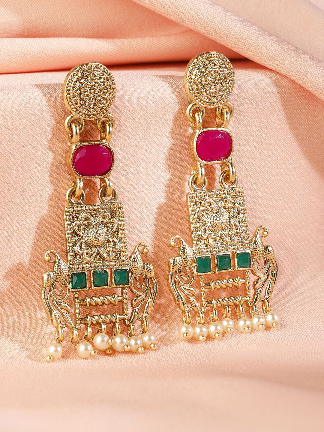 Rubans 22K Gold Plated Ruby & Emerald Studded & Pearl Beads Peacock Motif Dangle Earrings