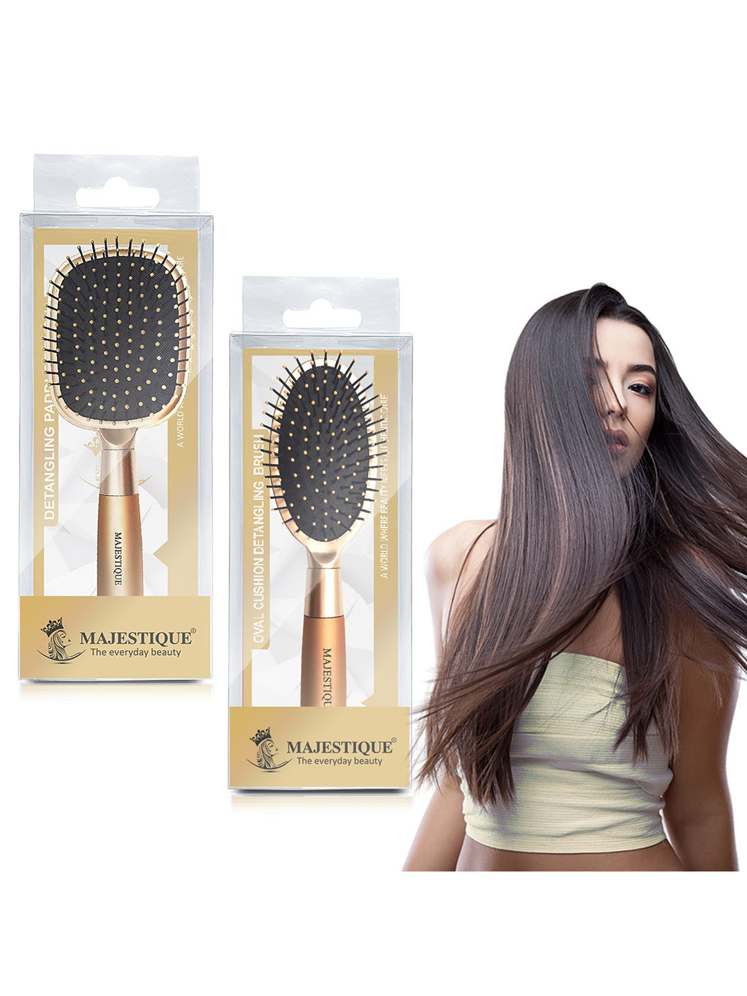 MAJESTIQUE Unisex Gold & Brown Set of 2 Detangling Cushion and Hair Straightener Brush