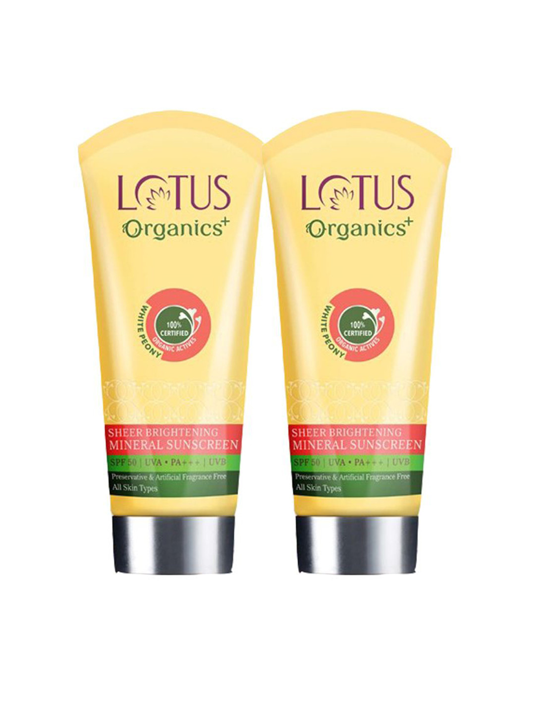 Lotus Organics+ Set Of 2 White Peony Sheer Brightening SPF 50 Mineral Sunscreen - 50g Each