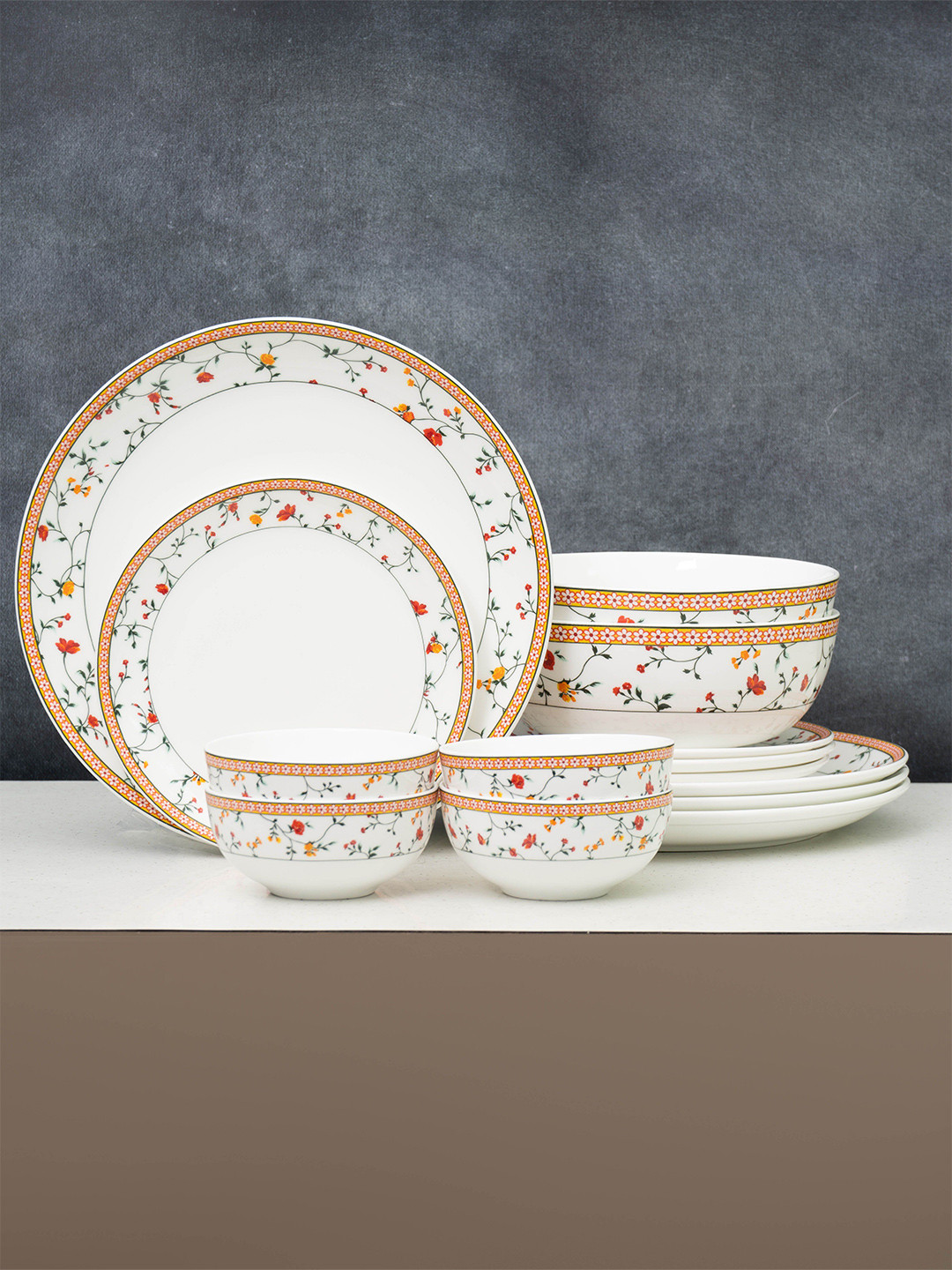 CLAY CRAFT Urmi Eco1 White Floral Ceramic Microwave Safe 14 Piece Dinner Set